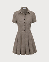 Brown Plaid Lapel Pleated Mini Dress - Threadford