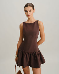Coffee Round Neck Pleated Mini Dress