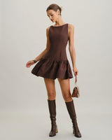 Coffee Round Neck Pleated Mini Dress - Threadford