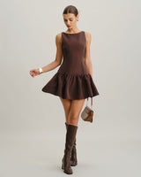 Coffee Round Neck Pleated Mini Dress - Threadford