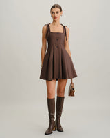 Brown Plaid A-Line Tie Strap Mini Dress - Threadford