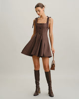 Brown Plaid A-Line Tie Strap Mini Dress - Threadford