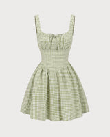 Green Plaid Ruched Slip Mini Dress - Threadford