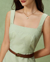 Green Plaid Square Neck Shirred Slip Mini Dress - Threadford