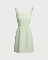 Green Plaid Square Neck Shirred Slip Mini Dress - Threadford