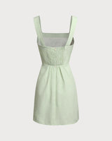 Green Plaid Square Neck Shirred Slip Mini Dress - Threadford