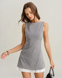 Grey Contrast Boat Neck Sleeveless Mini Dress
