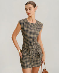 Khaki Round Neck Plaid Belted Mini Dress