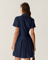 Navy Button Pleated Mini Dress - Threadford