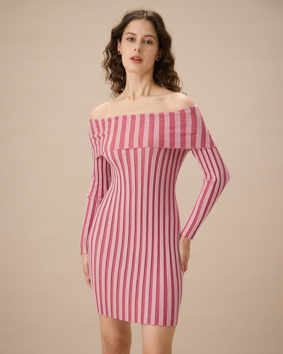 Pink Striped Off The Shoulder Bodycon Sweater Dress - Threadford