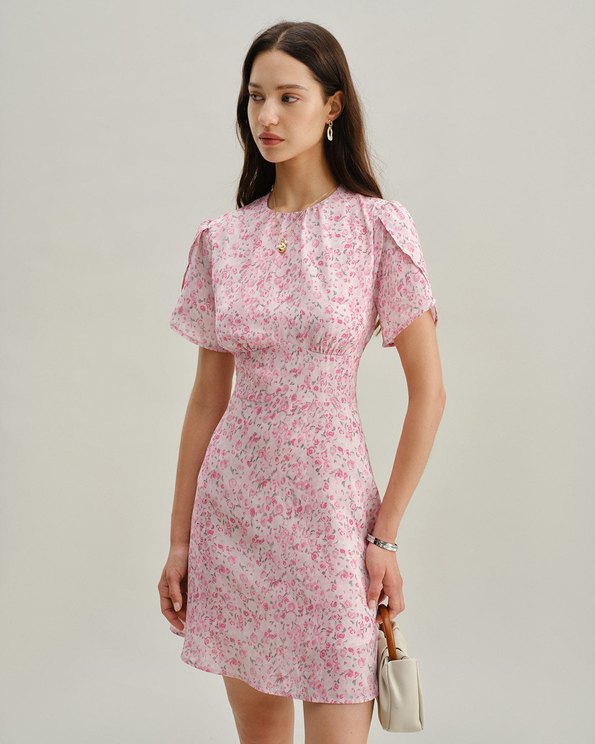 Pink Floral Round Neck Pleated Mini Dress - Threadford