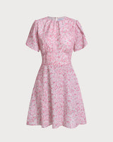 Pink Floral Round Neck Pleated Mini Dress - Threadford