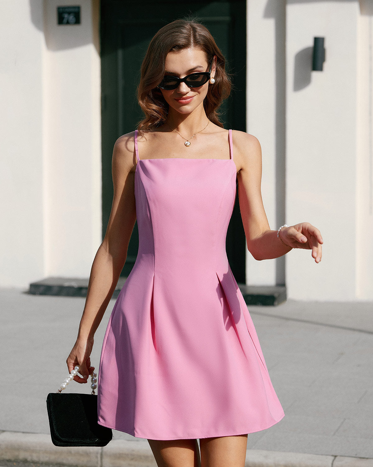 Pink Square Neck Slip Pleated Mini Dress - Threadford