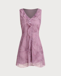 Purple Floral V Neck Ruffle Sleeveless Mini Dress