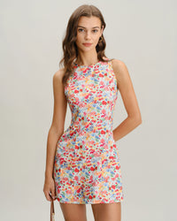 Red Floral Boat Neck Sleeveless Mini Dress