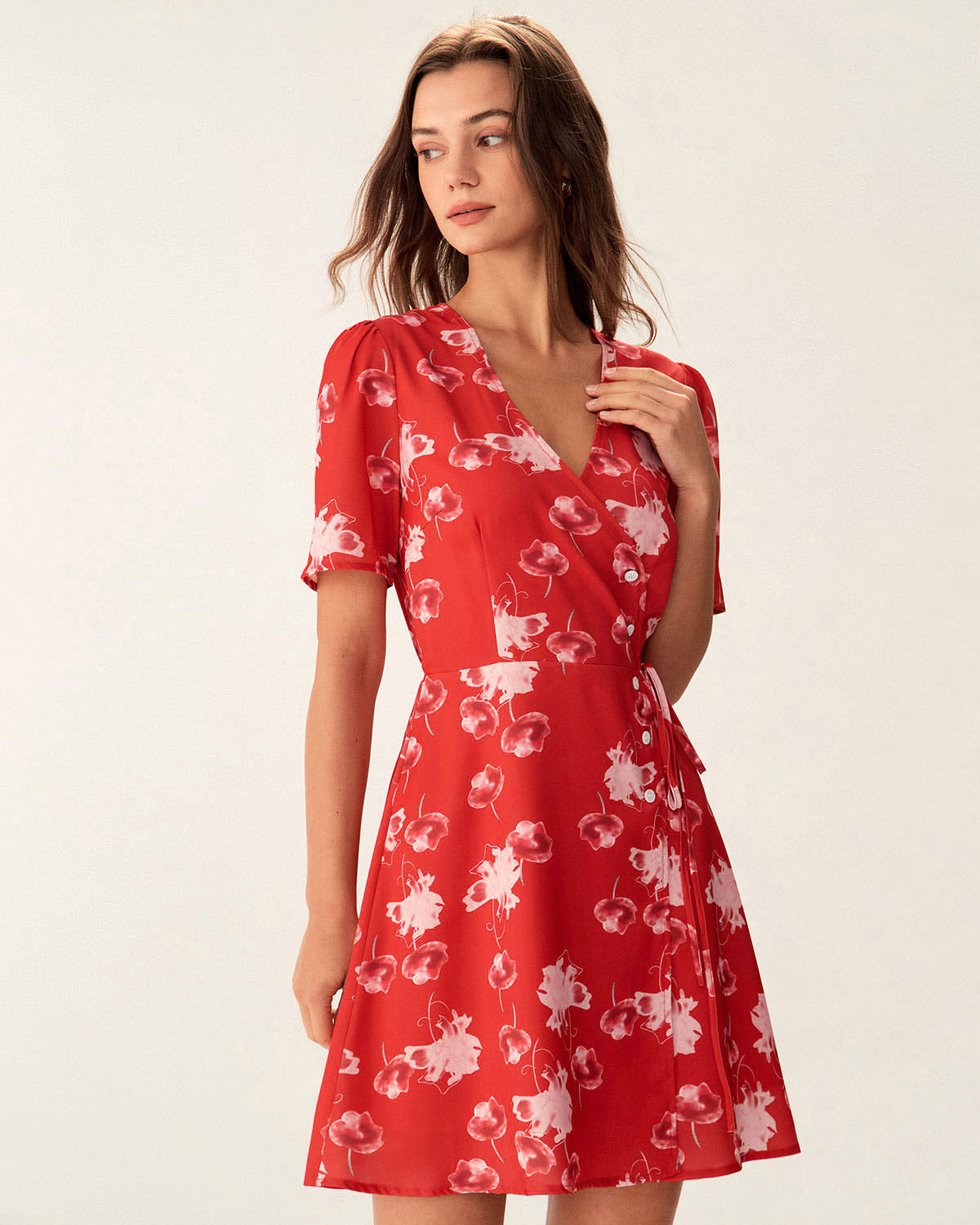 Red Floral A-Line Wrap Mini Dress - Threadford
