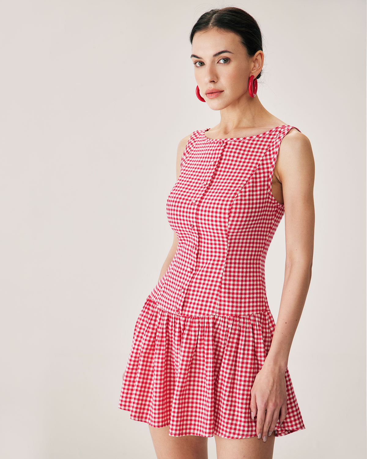 Red Plaid Boat Neck Mini Dress - Threadford