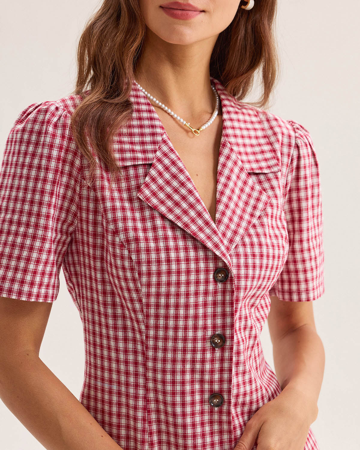 Red Plaid Pocket Button Mini Dress - Threadford