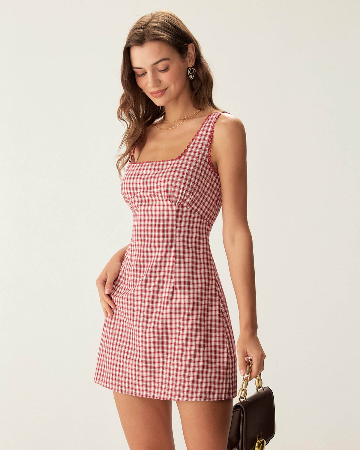 Red Plaid Square Neck Slip Mini Dress - Threadford
