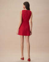 The Red V Neck Sleeveless Linen Mini Dress - Threadford
