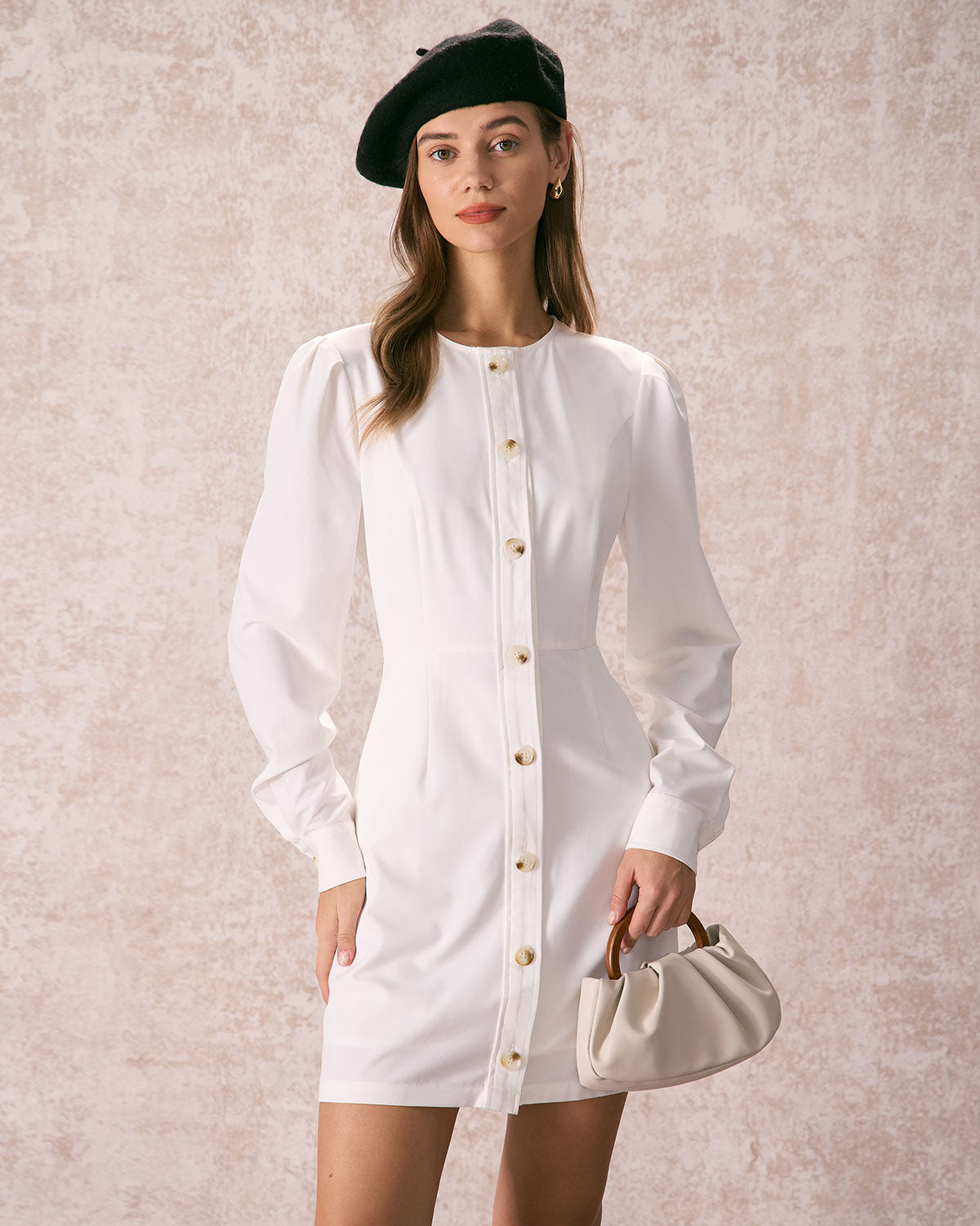 The White Round Neck Button Mini Dress - Threadford