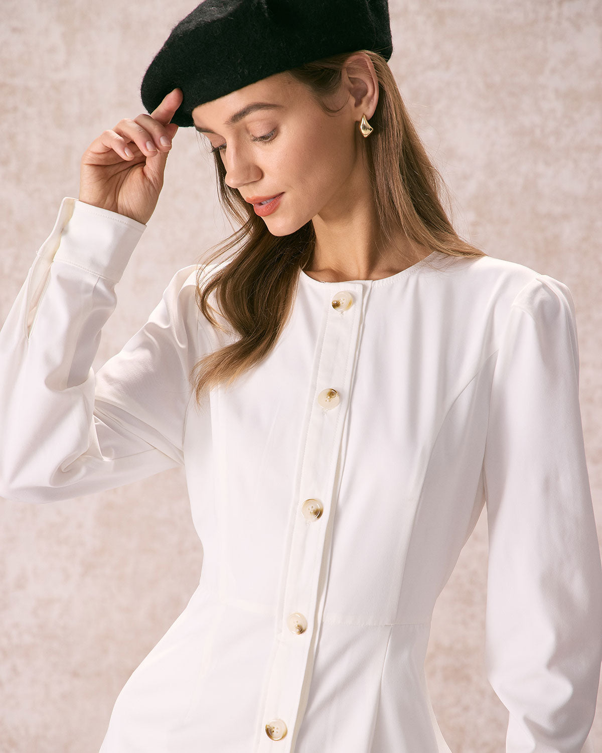 The White Round Neck Button Mini Dress - Threadford