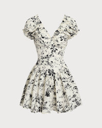 White Floral Ruched V Neck Mini Dress