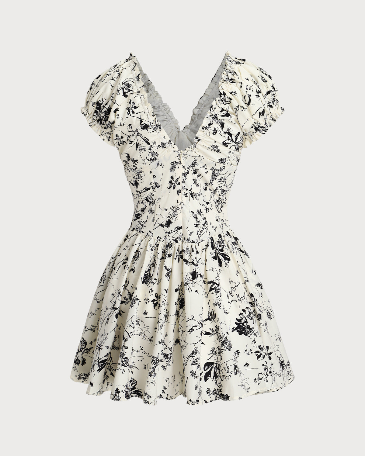 White Floral Ruched V Neck Mini Dress - Threadford