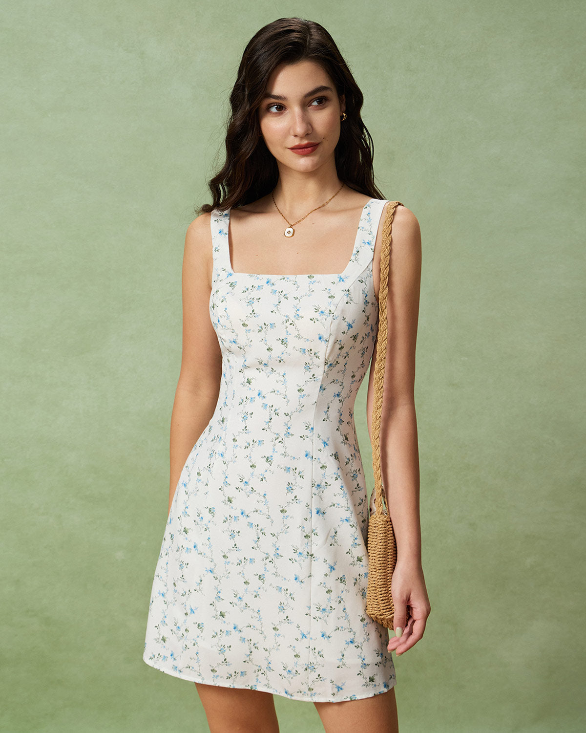 White Floral Square Neck Slip Mini Dress - Threadford