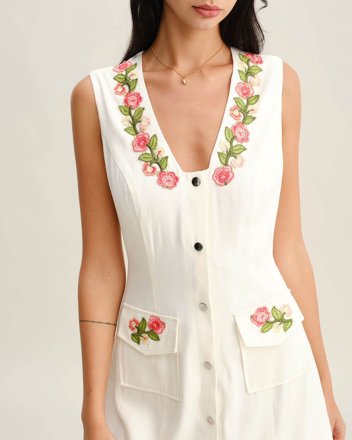 White Floral V Neck Sleeveless Mini Dress - Threadford