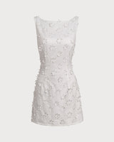 White Textured Boat Neck Sleeveless Mini Dress - Threadford