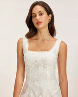 White Textured Square Neck Slip Mini Dress - Threadford