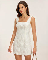 White Textured Square Neck Slip Mini Dress - Threadford
