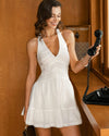 White V Neck Pleated Backless Mini Dress - Threadford