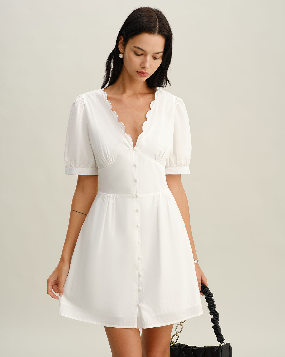 White V-Neck Ruched Mini Dress - Threadford