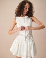 Women's White Boat Neck Jacquard Cotton Mini Dress - Threadford