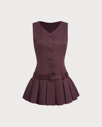 Wine Red V-Neck Sleeveless Belted Mini Dress
