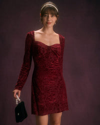 The Wine Red Floral Cutout Back Mini Dress