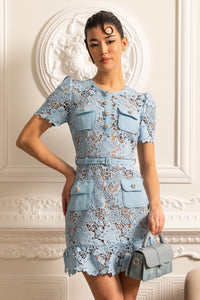 Short Sleeve Embroidered Floral Dress - Blue