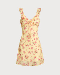 Yellow Floral Ruffle Sleeveless Mini Dress