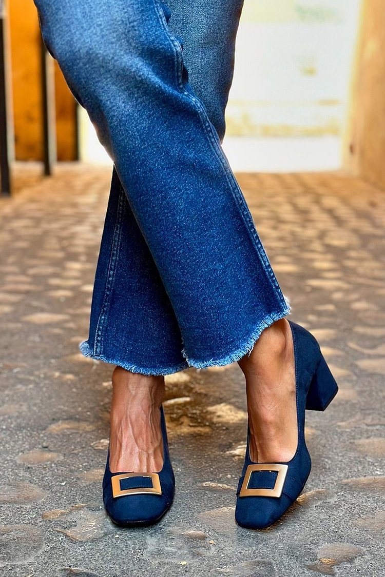 Navy blue block heel with square toe and patchwork metal decorations - Threadford