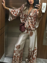 Exquisite Modern Feel Satin Unique Print Elastic Pocket Wide Leg Pants - Threadford