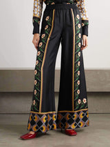 Unique Retro Print Tight Waist Wide Leg Pants - Threadford