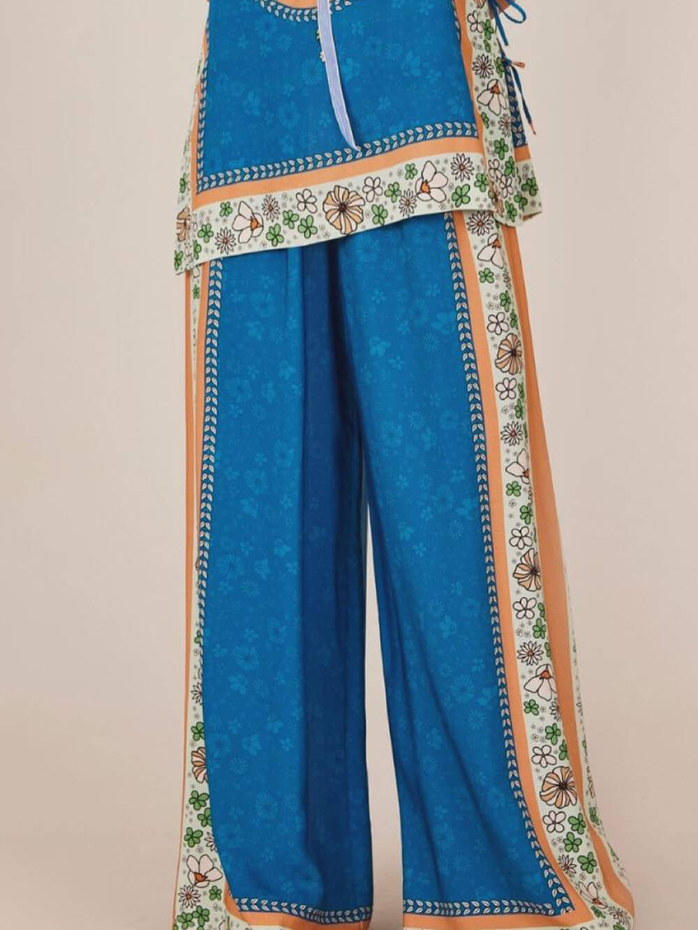 Classic Unique Floral Print Elastic Waist Pocket Loose Wide Leg Pants - Threadford