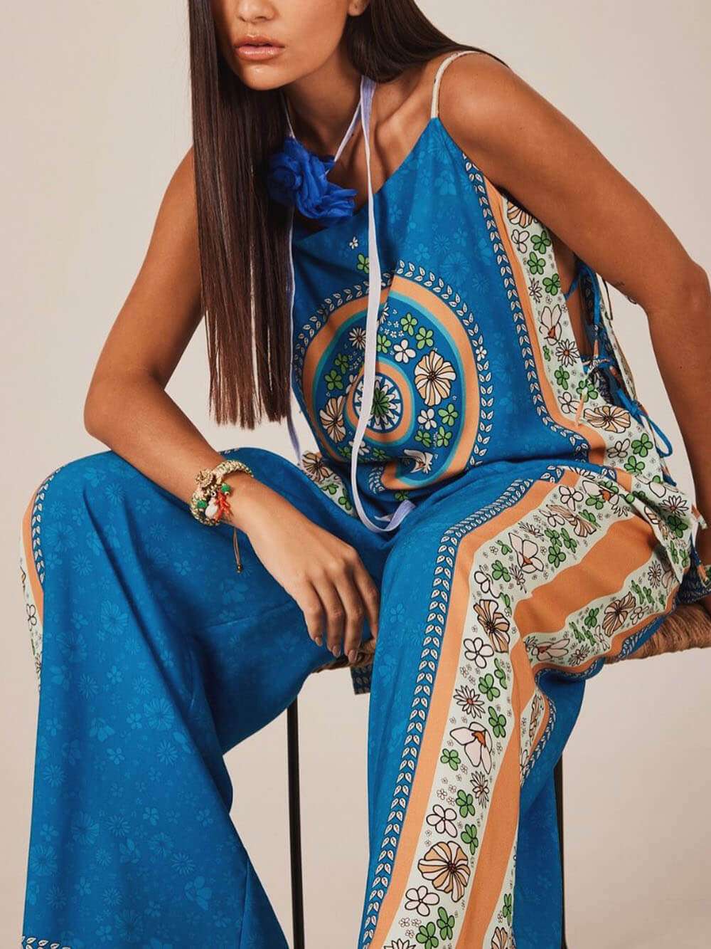 Classic Unique Floral Print Elastic Waist Pocket Loose Wide Leg Pants - Threadford
