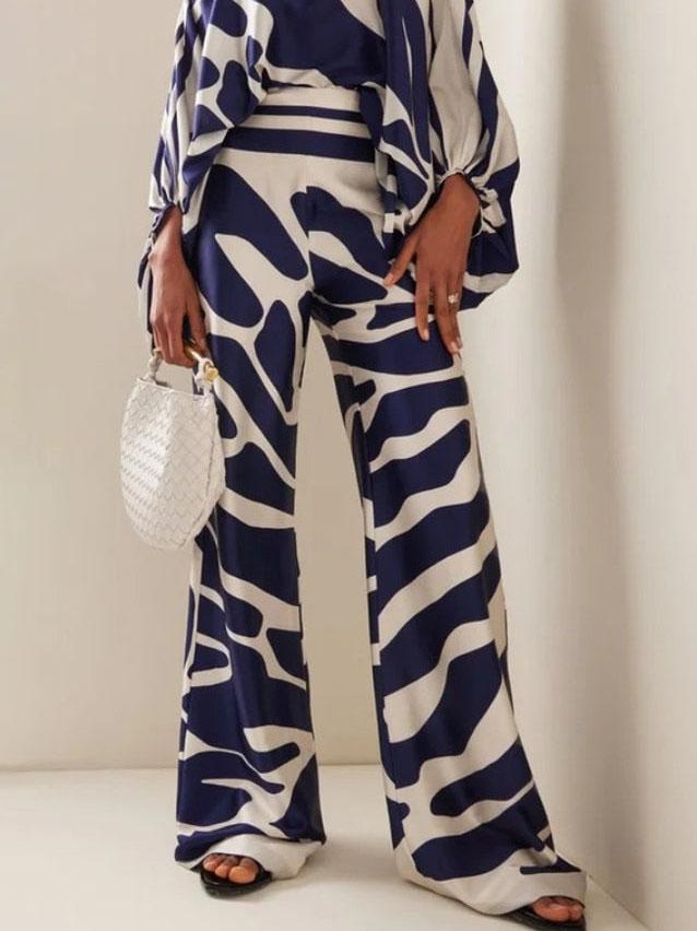 Exquisite Abstract Print Satin Wide-leg Pants - Threadford