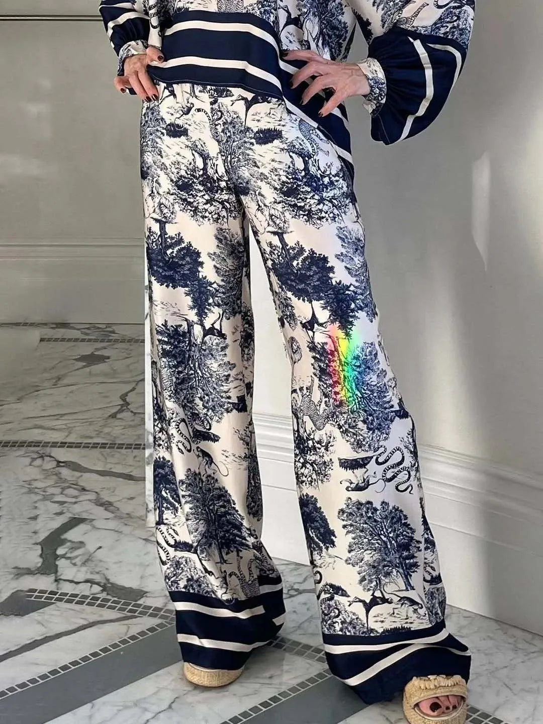 Satin Jungle Floral Print Loose Wide-Leg Pants - Threadford
