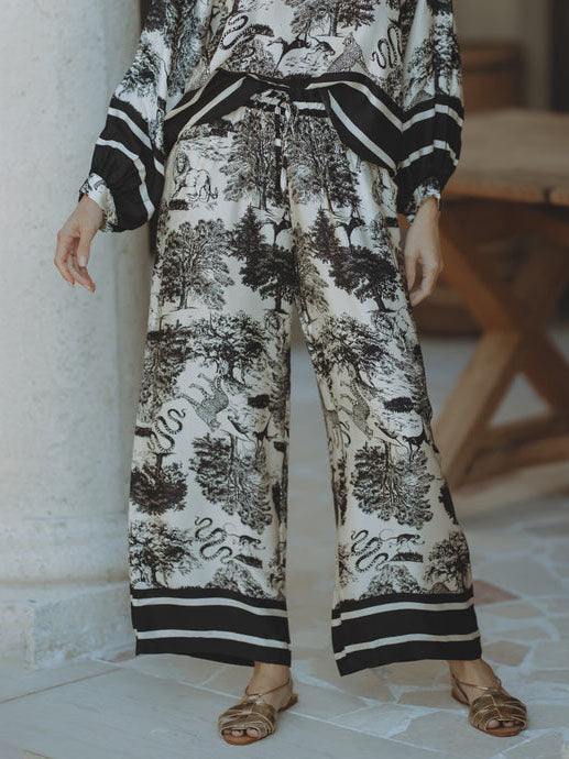 Satin Jungle Floral Print Loose Wide-Leg Pants - Threadford