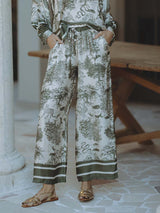 Satin Jungle Floral Print Loose Wide-Leg Pants - Threadford
