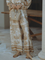 Satin Jungle Floral Print Loose Wide-Leg Pants - Threadford